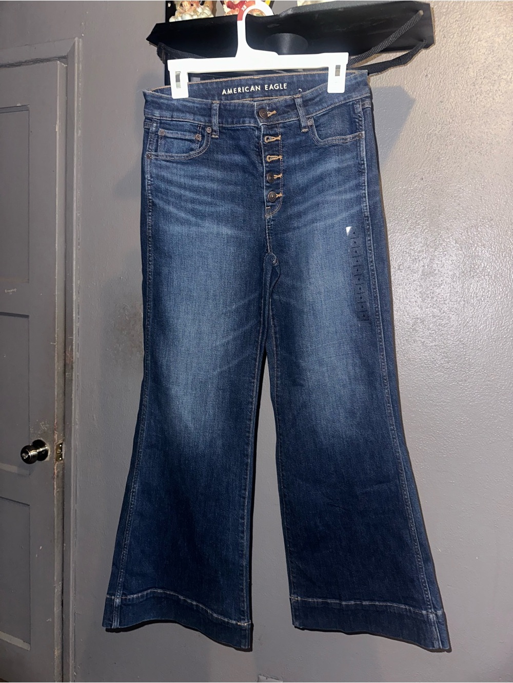 American Eagle Outfitters Dark Blue Wide-Leg Button-Fly Jeans
